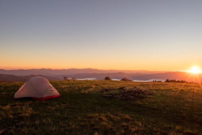 Tent on huckleberry knob overlooking appalachian mountains