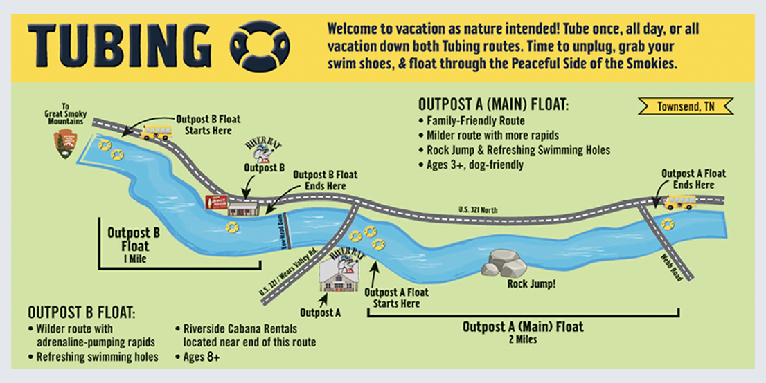 RRT _ Tubing Route Map w border_ 2026 river rat tubing outpost route map with outpost a and b route